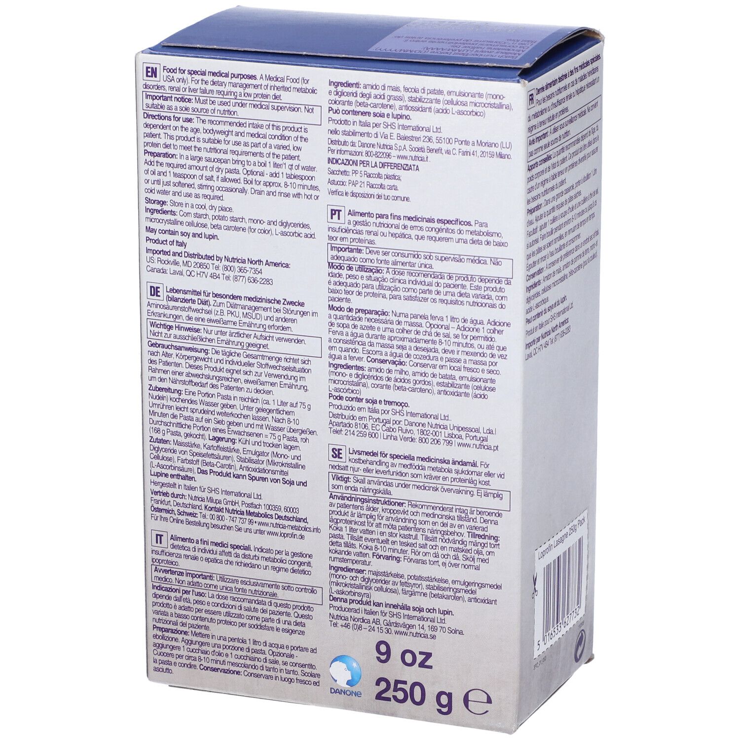 Confezione di Loprofin Lasagne. Scritta: Nutricia, Lasagne, 250g, 9oz. Testo multilingue. Retro con testo.