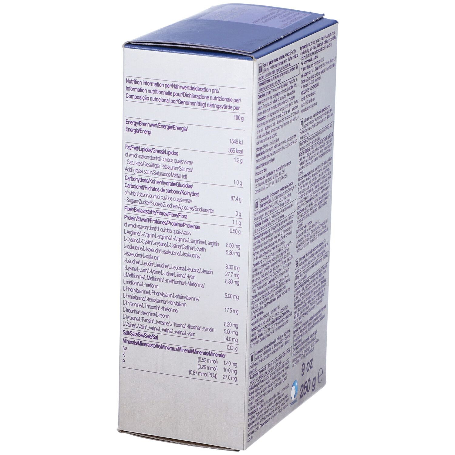 Confezione di Loprofin Lasagne. Scritta: Nutricia, Lasagne, 250g, 9oz. Testo multilingue. Retro con testo.