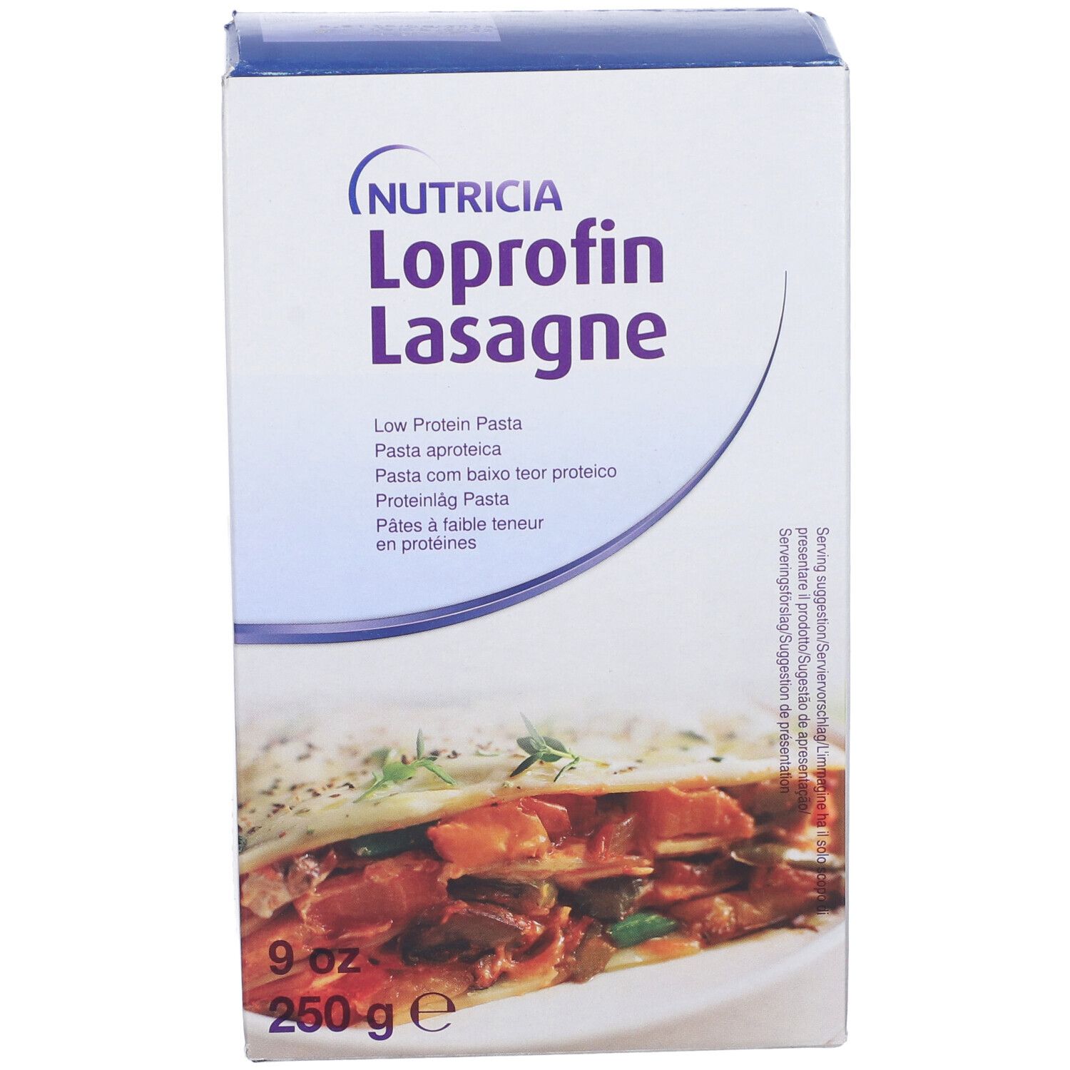 Confezione di Loprofin Lasagne. Scritta: Nutricia, Lasagne, 250g, 9oz. Immagine: Lasagne. Testo multilingue.