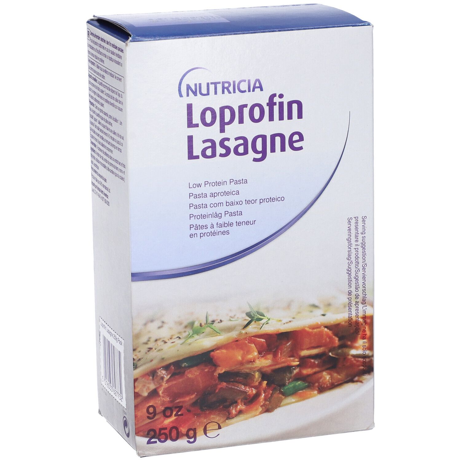 Confezione di Loprofin Lasagne. Scritta: Nutricia, Lasagne, 250g, 9oz. Immagine: Lasagne. Testo multilingue.
