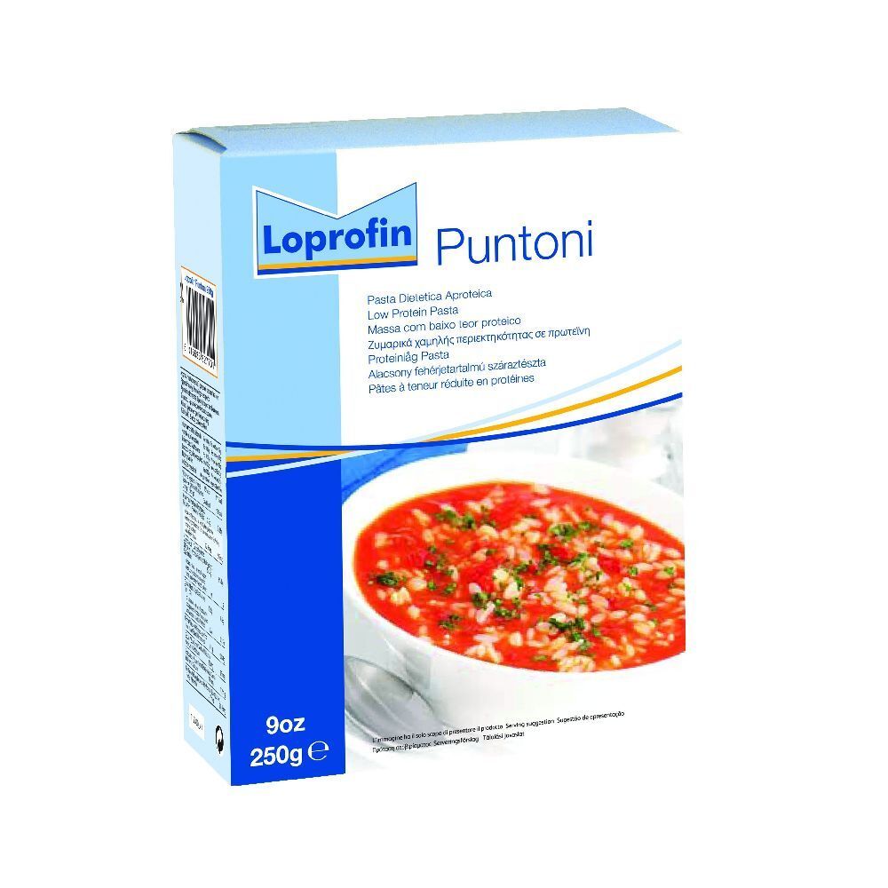 Scatola Loprofin Puntoni. Immagine di un pasto. 250g. Scritto: Pasta a basso contenuto proteico.
