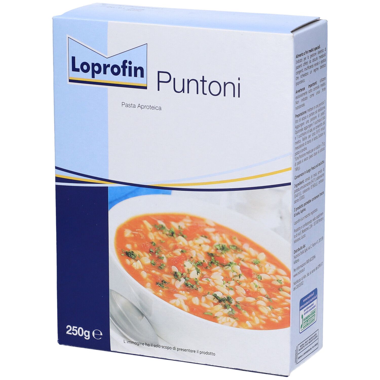 Scatola Loprofin Puntoni. Immagine di un pasto. 250g. Scritto: Pasta Aproteica.