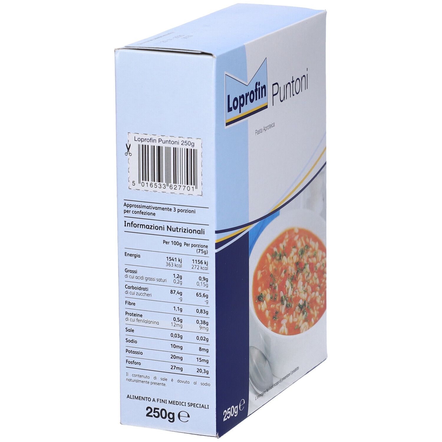 Scatola Loprofin Puntoni. Retro con informazioni nutrizionali. 250g. Scritto: Pasta Aproteica.