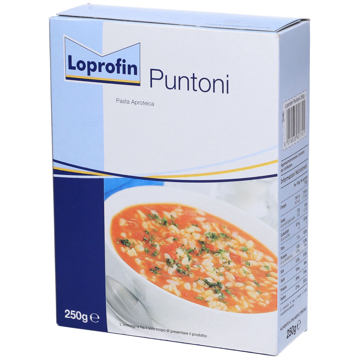 Scatola Loprofin Puntoni. Immagine di un pasto. 250g. Scritto: Pasta Aproteica.