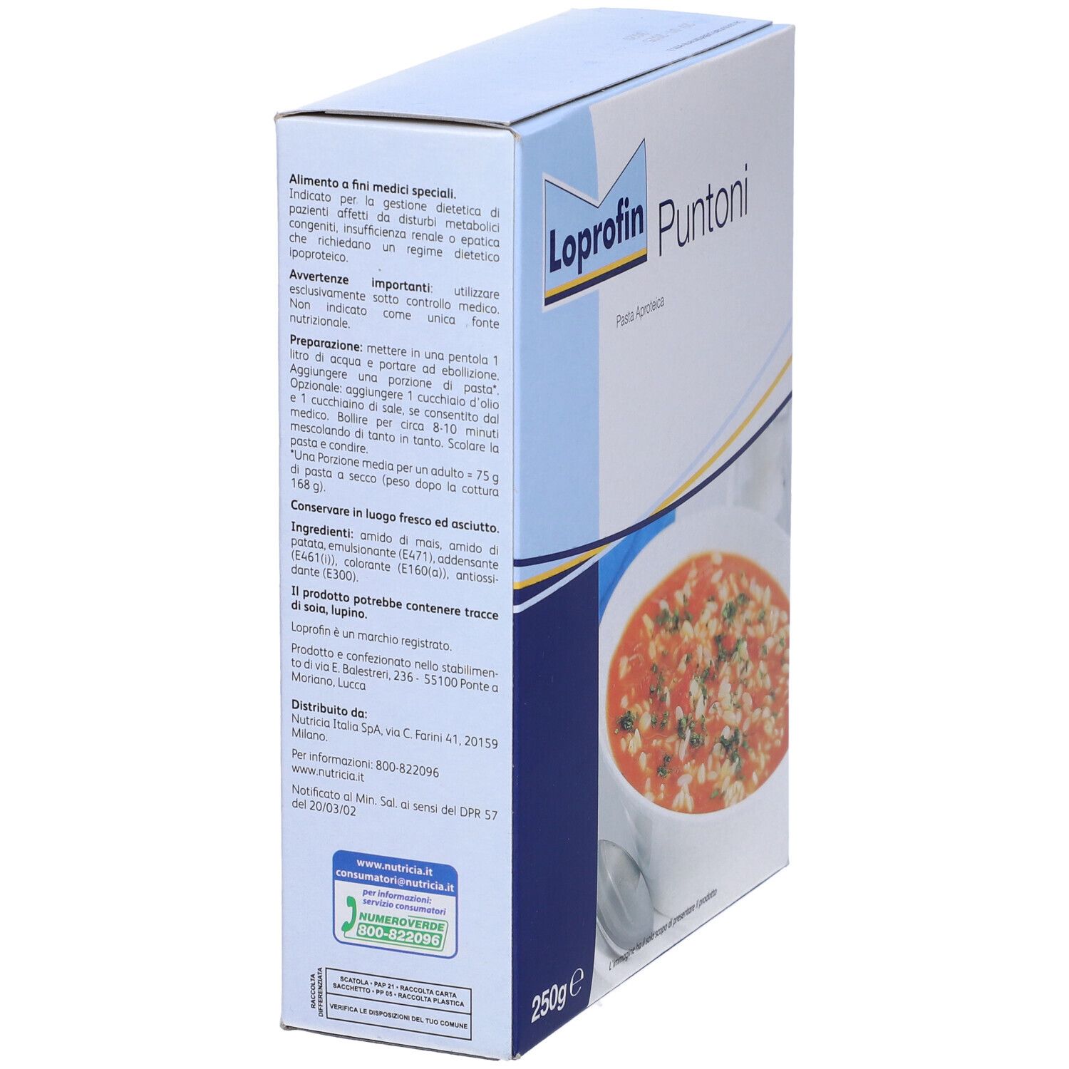 Scatola Loprofin Puntoni. Retro con istruzioni per l'uso. 250g. Scritto: Pasta Aproteica.