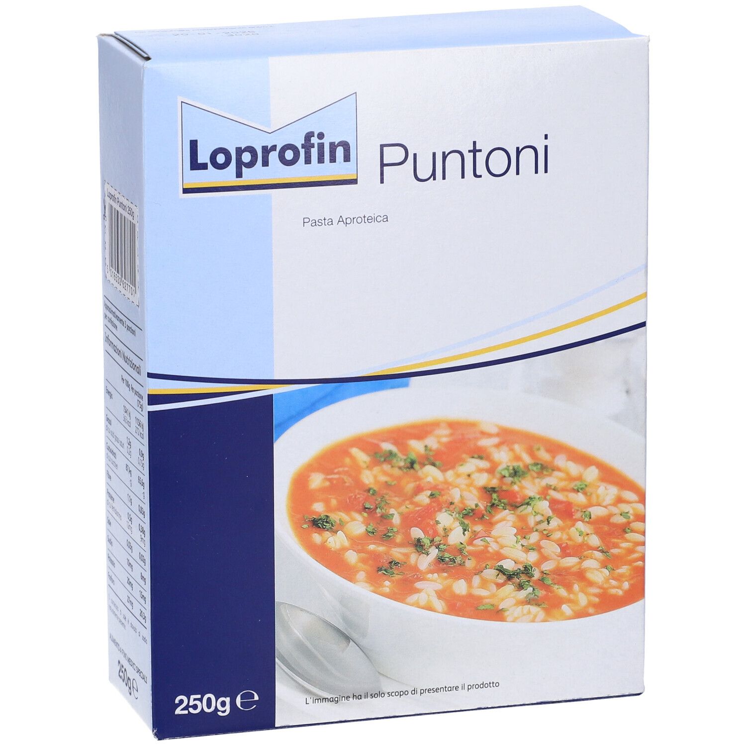 Scatola Loprofin Puntoni. Immagine di un pasto. 250g. Scritto: Pasta Aproteica.