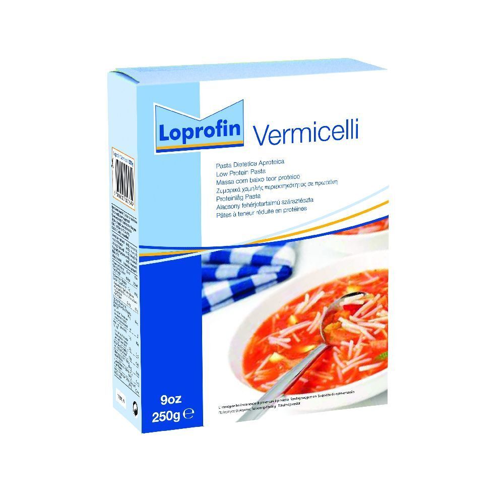 Confezione di Loprofin Vermicelli. Confezione blu e bianca con immagine del prodotto. 250g, 9oz.