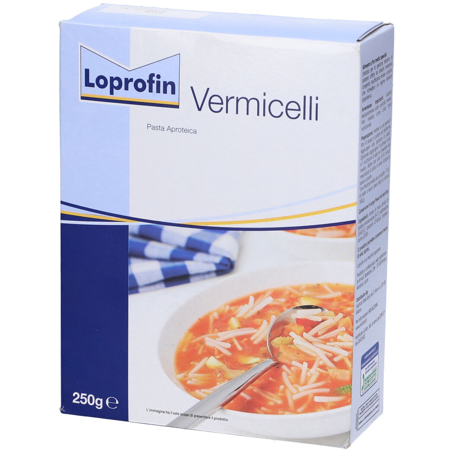 Confezione di Loprofin Vermicelli. Confezione blu e bianca con immagine del prodotto. 250g.