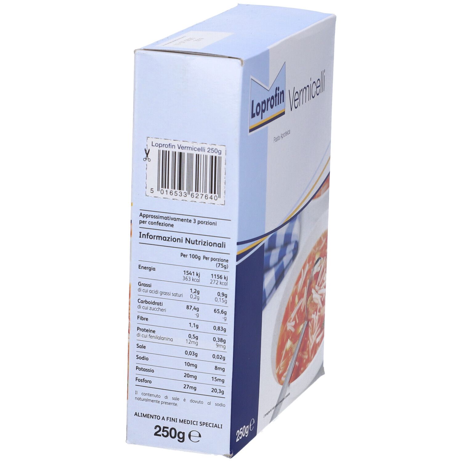 Confezione di Loprofin Vermicelli. Confezione blu e bianca con informazioni nutrizionali. 250g.