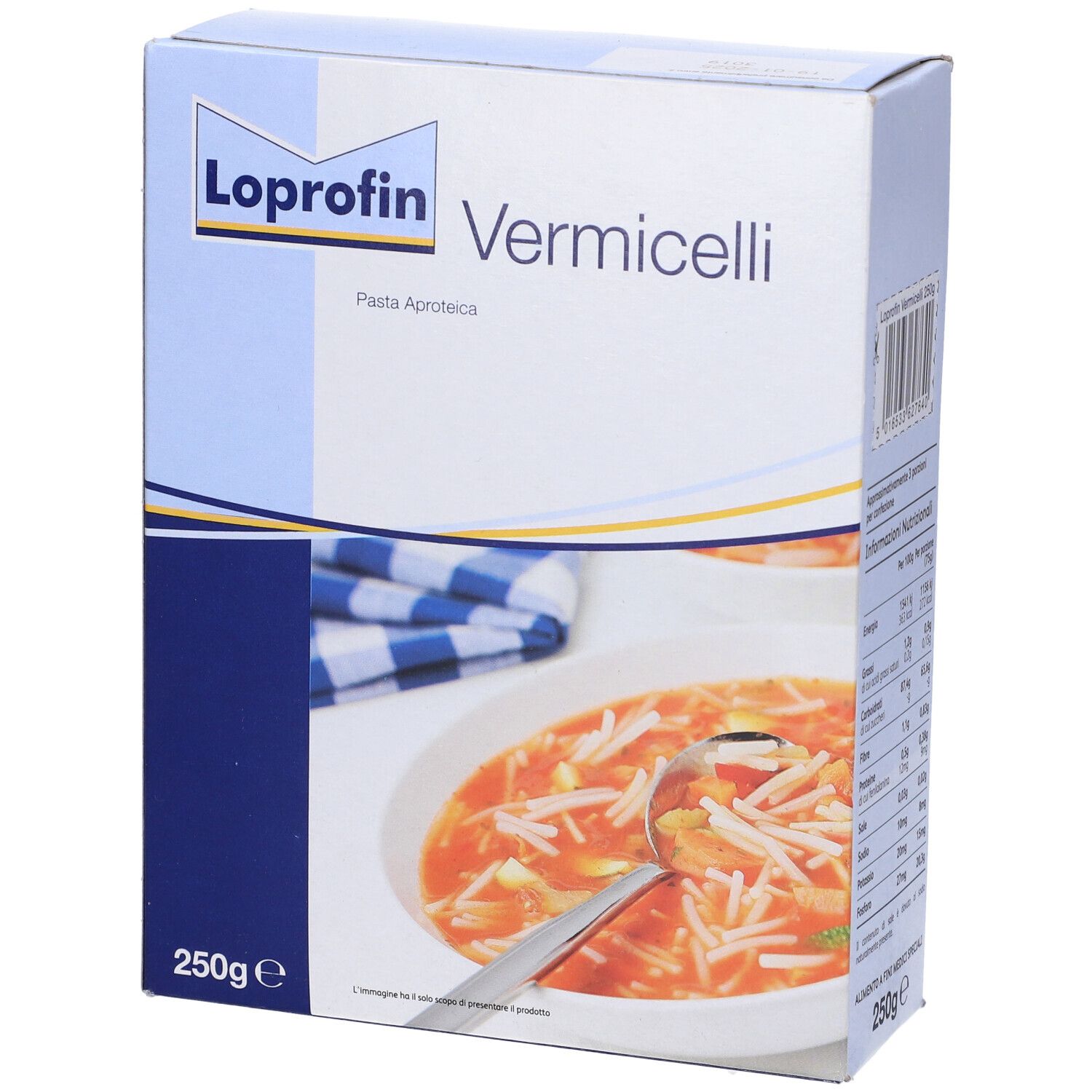 Confezione di Loprofin Vermicelli. Confezione blu e bianca con immagine del prodotto. 250g.