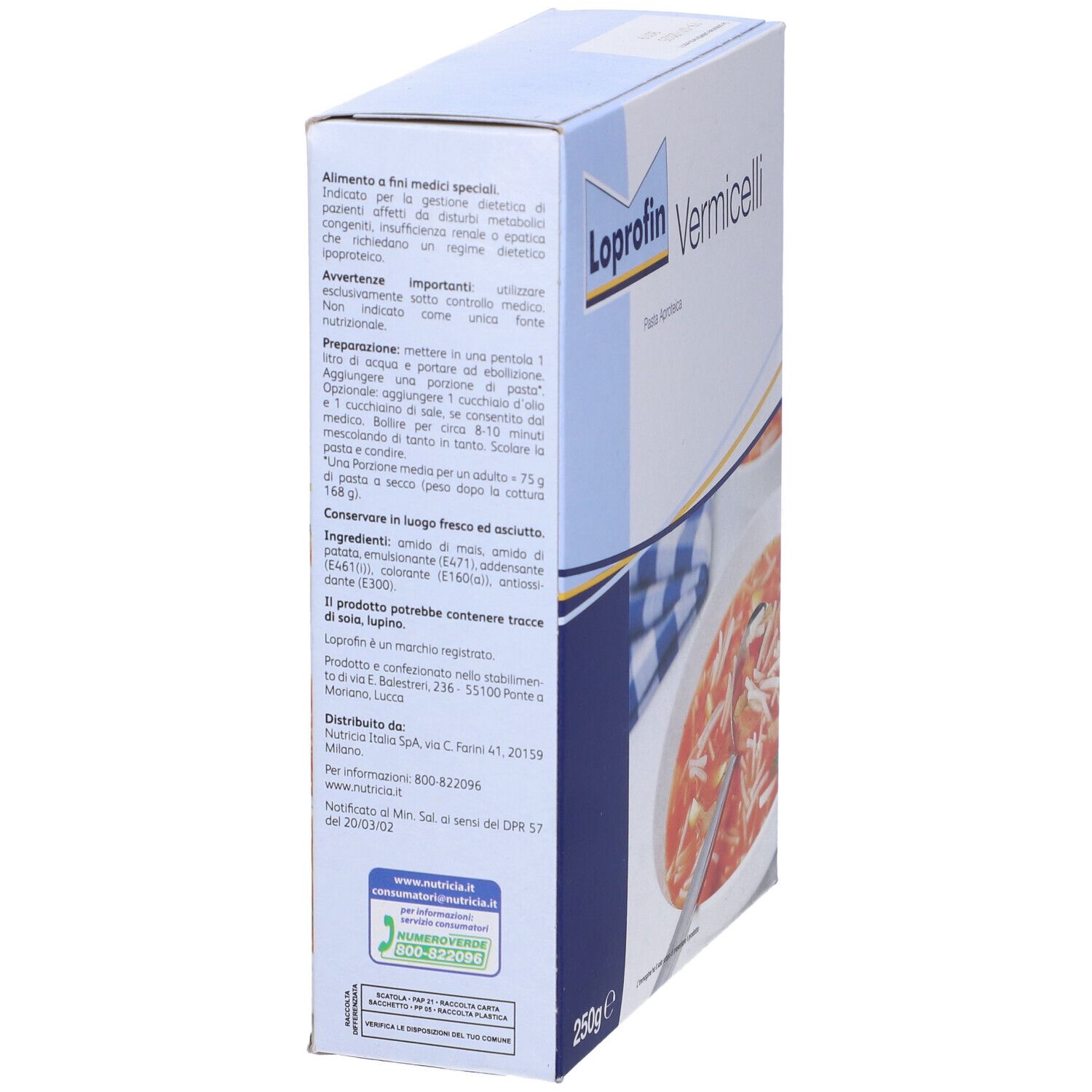 Confezione di Loprofin Vermicelli. Confezione blu e bianca con testo e immagine. 250g.