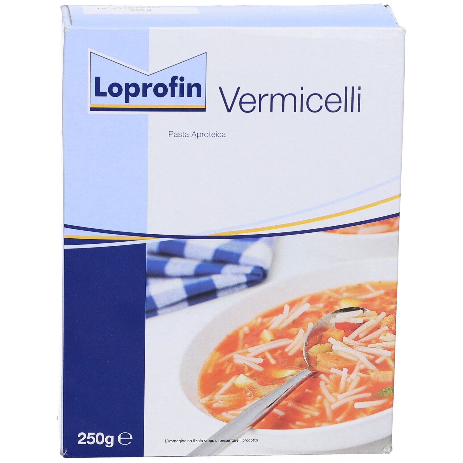 Confezione di Loprofin Vermicelli. Confezione blu e bianca con immagine del prodotto. 250g.