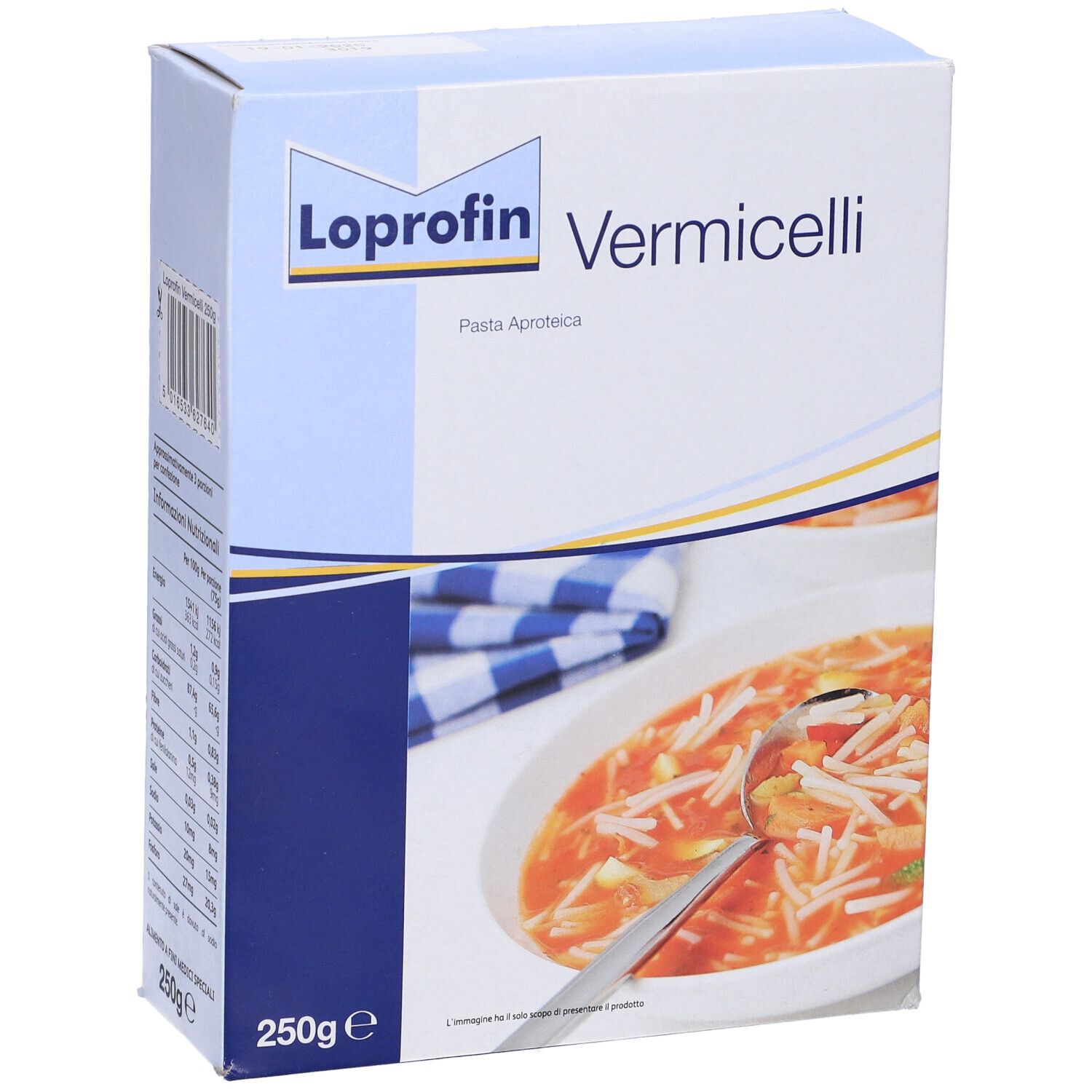 Confezione di Loprofin Vermicelli. Confezione blu e bianca con testo e immagine. 250g.