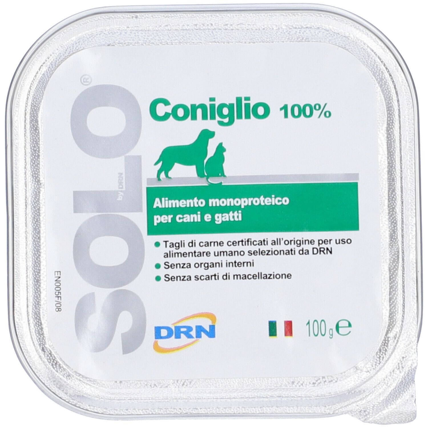 Scatola quadrata con logo "Solo" e scritta "Coniglio 100%". Etichetta verde e bianca con silhouette di cane e gatto. "Alimento monoproteico per cani e gatti".