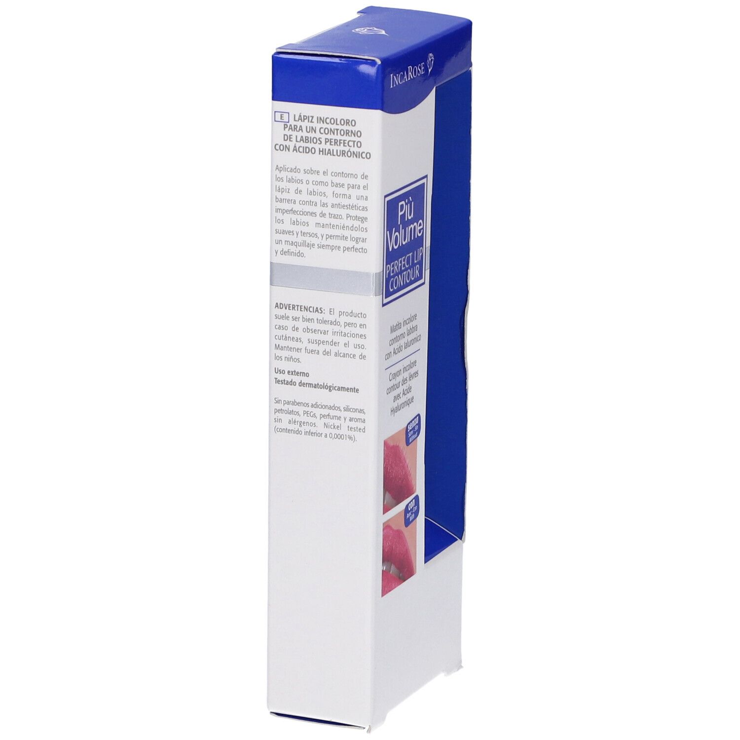 Confezione, vista laterale. Scritta: Piu' Volume, Perfect Lip Contour.