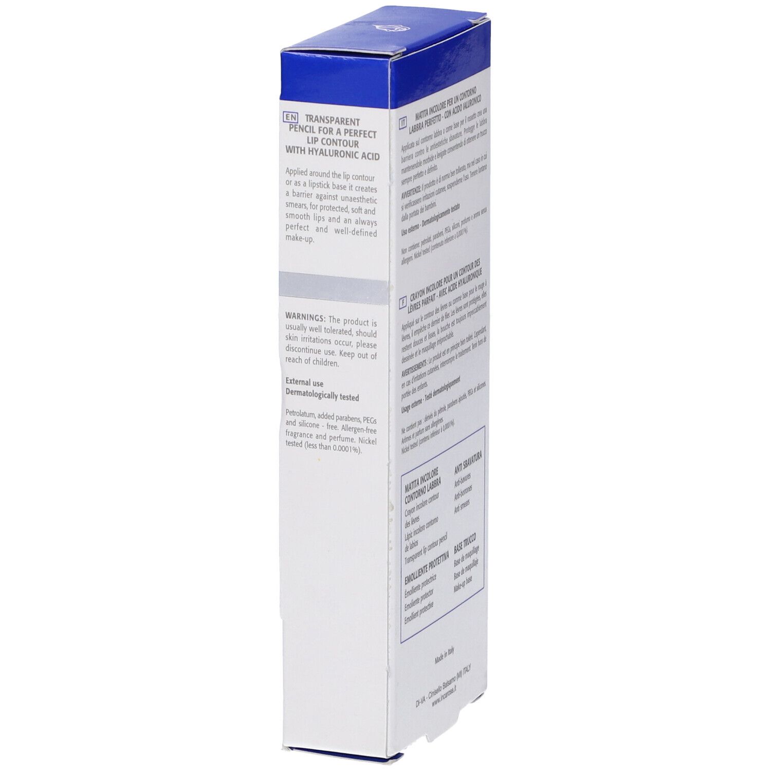 Confezione, retro. Testo multilingue. Scritta: Piu' Volume.