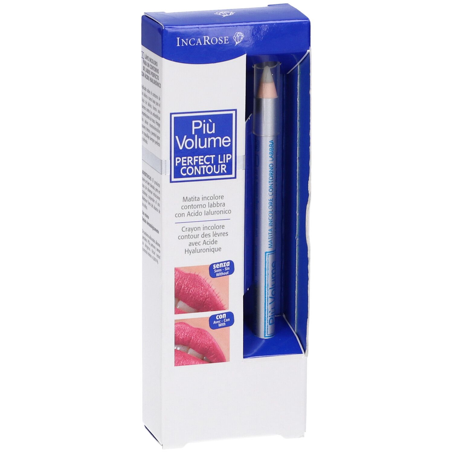 Confezione con matita labbra. Scritta: Piu' Volume, Perfect Lip Contour.
