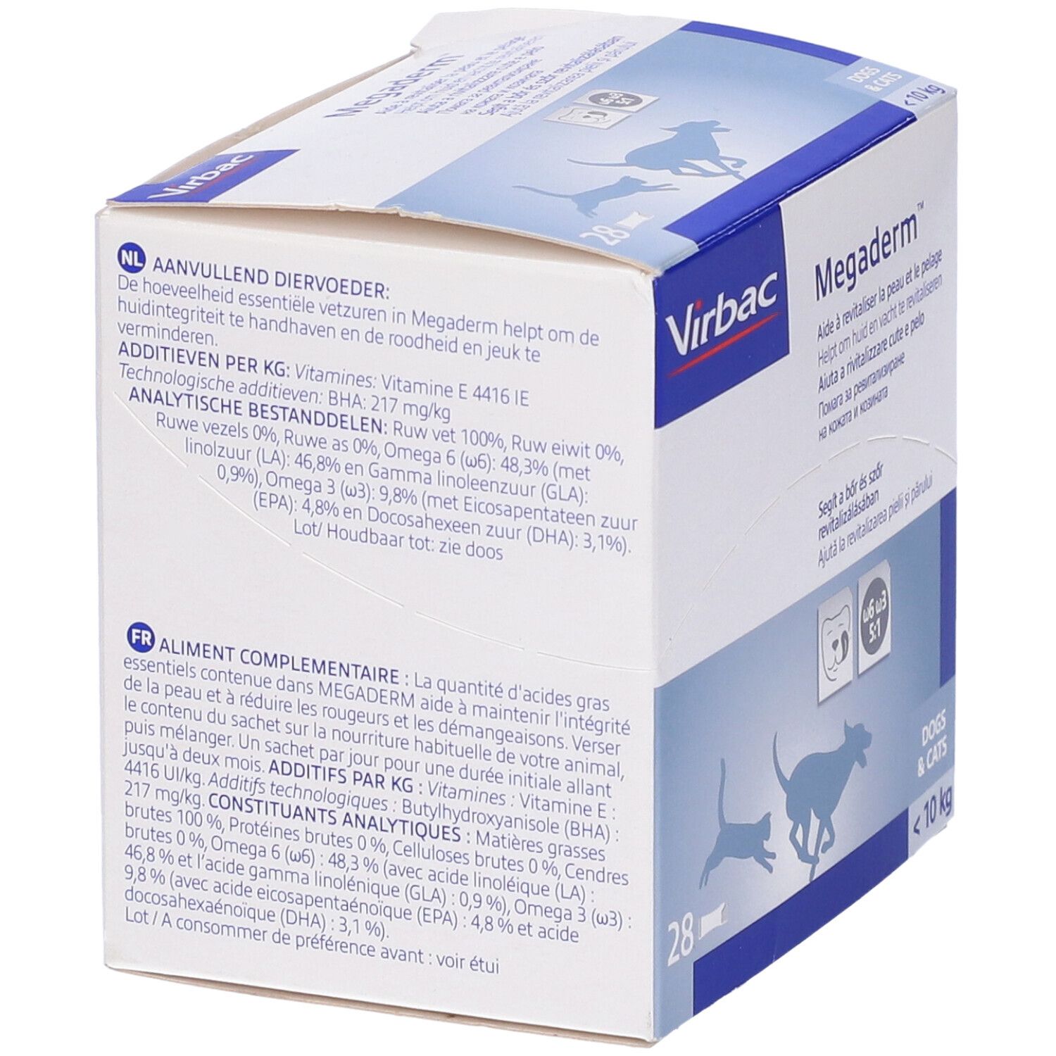 Scatola con testo multilingue. Scritto: Virbac, Megaderm, cani e gatti, <10 kg. Illustrazione: gatto e cane.