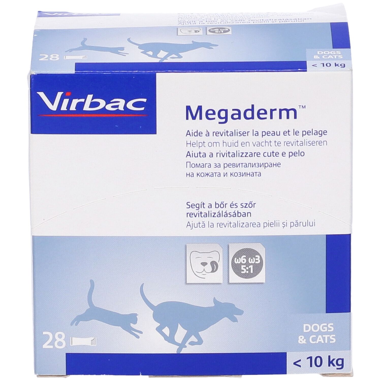 Scatola bianca con testo blu. Scritto: Virbac, Megaderm, cani e gatti, <10 kg. Illustrazione: gatto e cane.