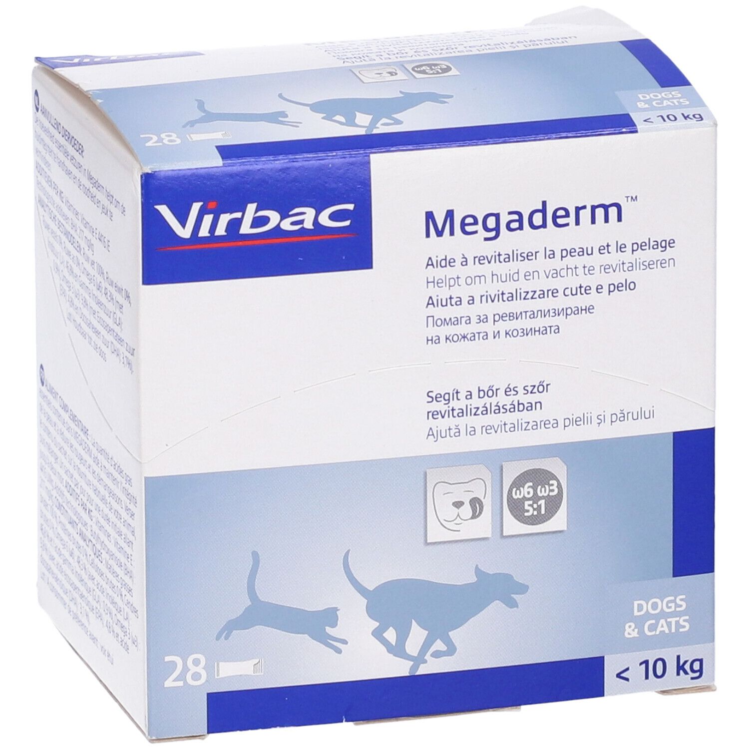 Scatola bianca con testo blu. Scritto: Virbac, Megaderm, cani e gatti, <10 kg. Illustrazione: gatto e cane.