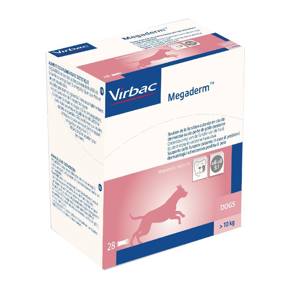 Scatola Virbac Megaderm. Contiene 28 bustine per cani oltre 10 kg. Confezione rosa e bianca con silhouette di cane.