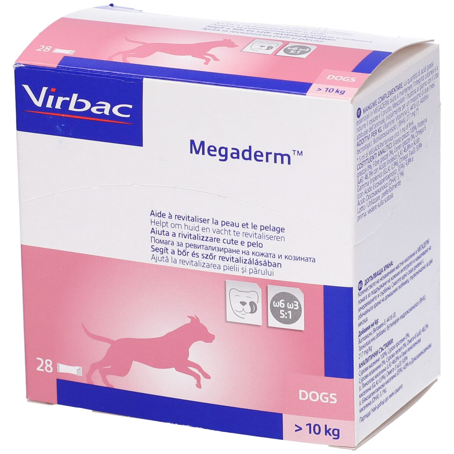 Scatola Virbac Megaderm. Contiene 28 bustine per cani oltre 10 kg. Confezione rosa e bianca con silhouette di cane.