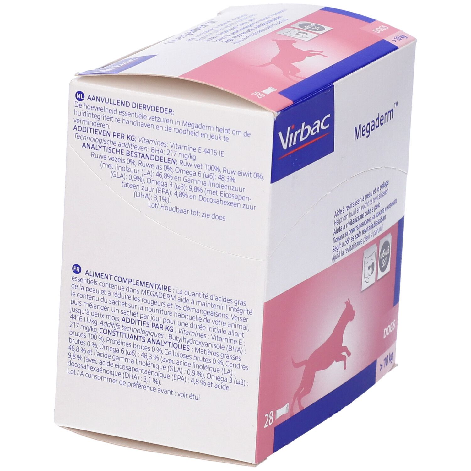 Retro della scatola Megaderm. Contiene informazioni su ingredienti e dosaggio. Testo multilingue.