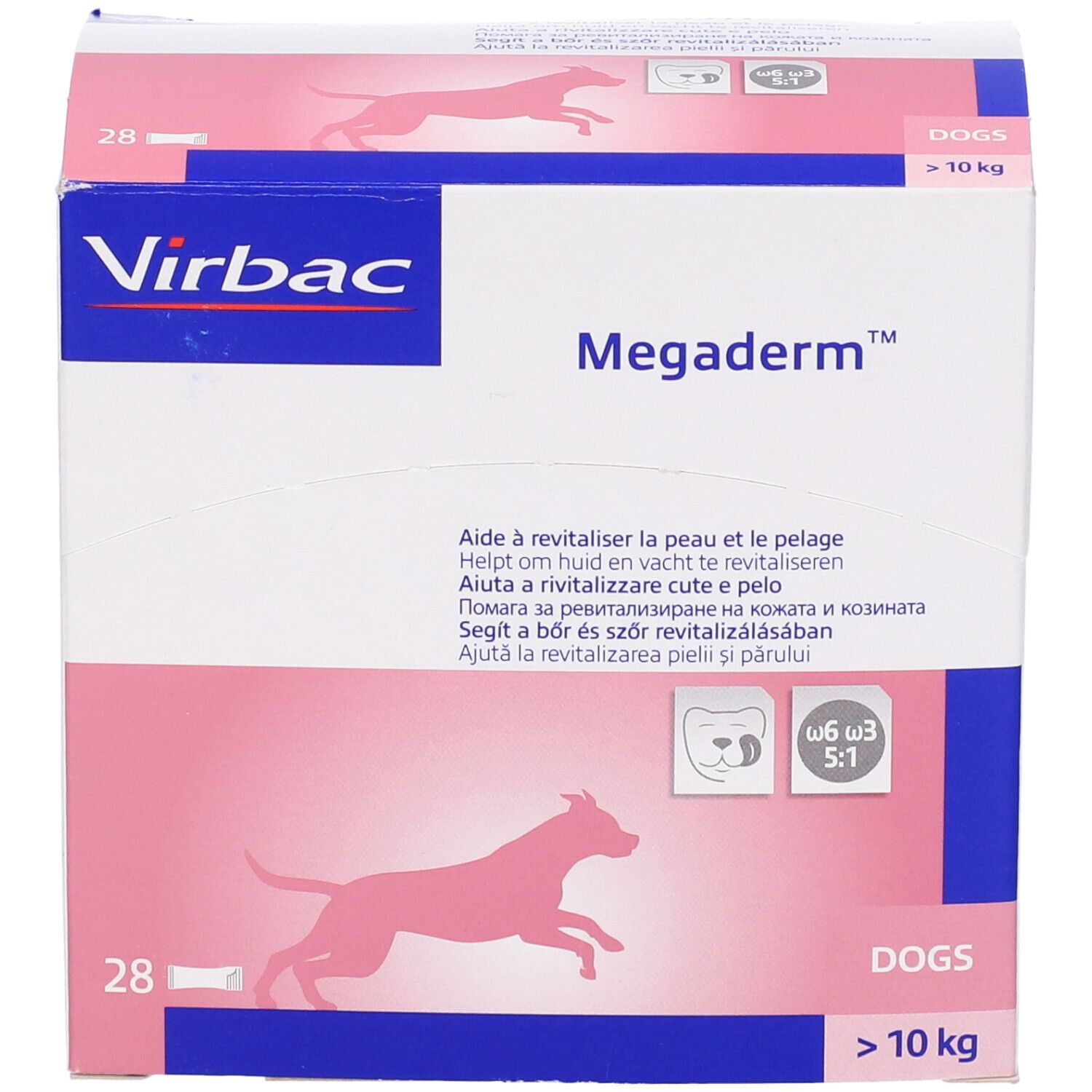 Scatola Virbac Megaderm. Contiene 28 bustine per cani oltre 10 kg. Confezione rosa e bianca con silhouette di cane.