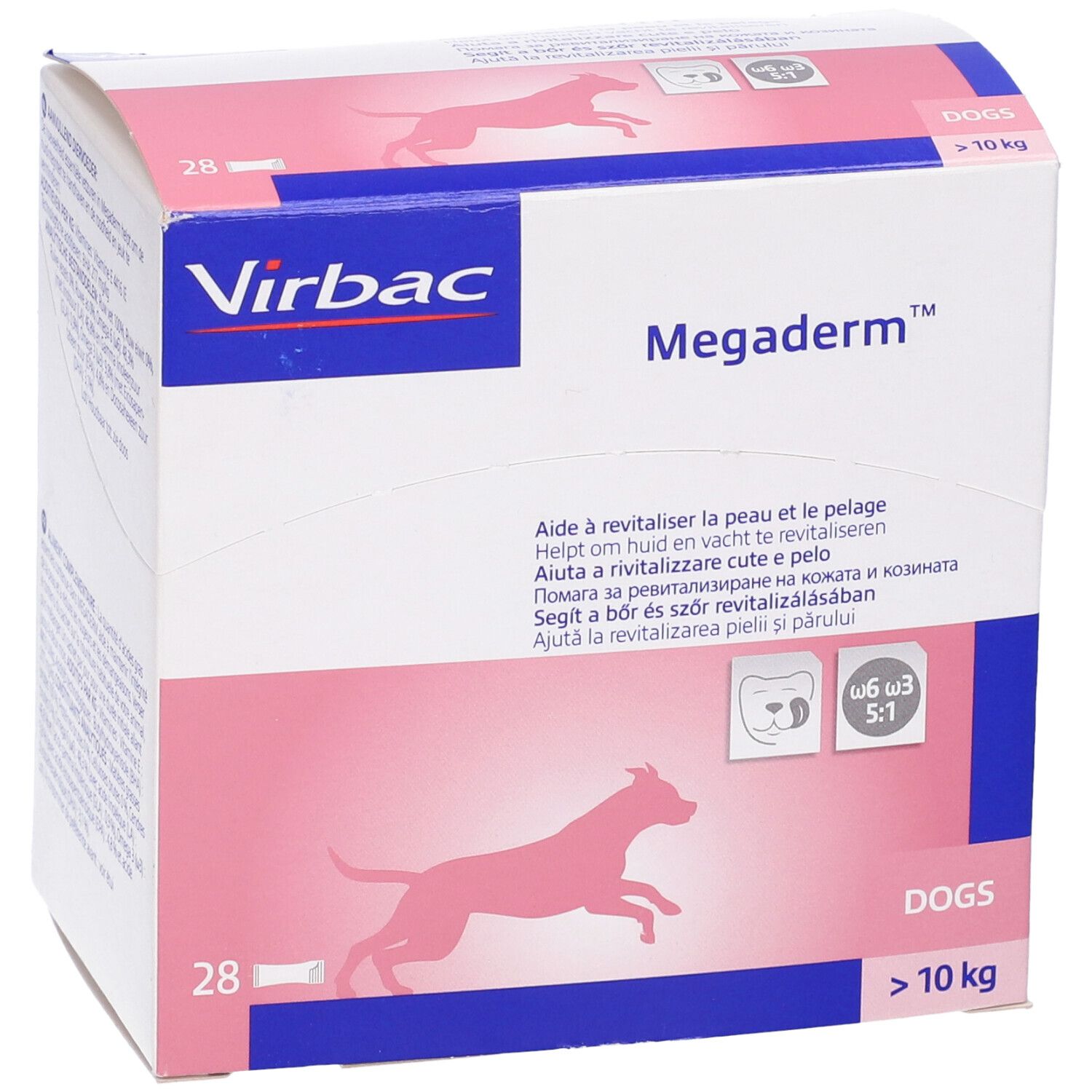 Scatola Virbac Megaderm. Contiene 28 bustine per cani oltre 10 kg. Confezione rosa e bianca con silhouette di cane.