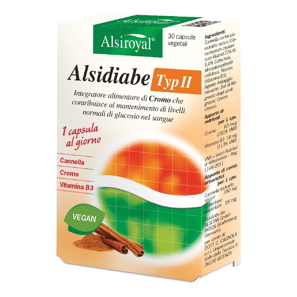 Confezione di Alsidiabe Typ II. Contiene 30 capsule vegetali. Scritta: 1 capsula al giorno. Contiene cannella, cromo, vitamina B3. Vegano.