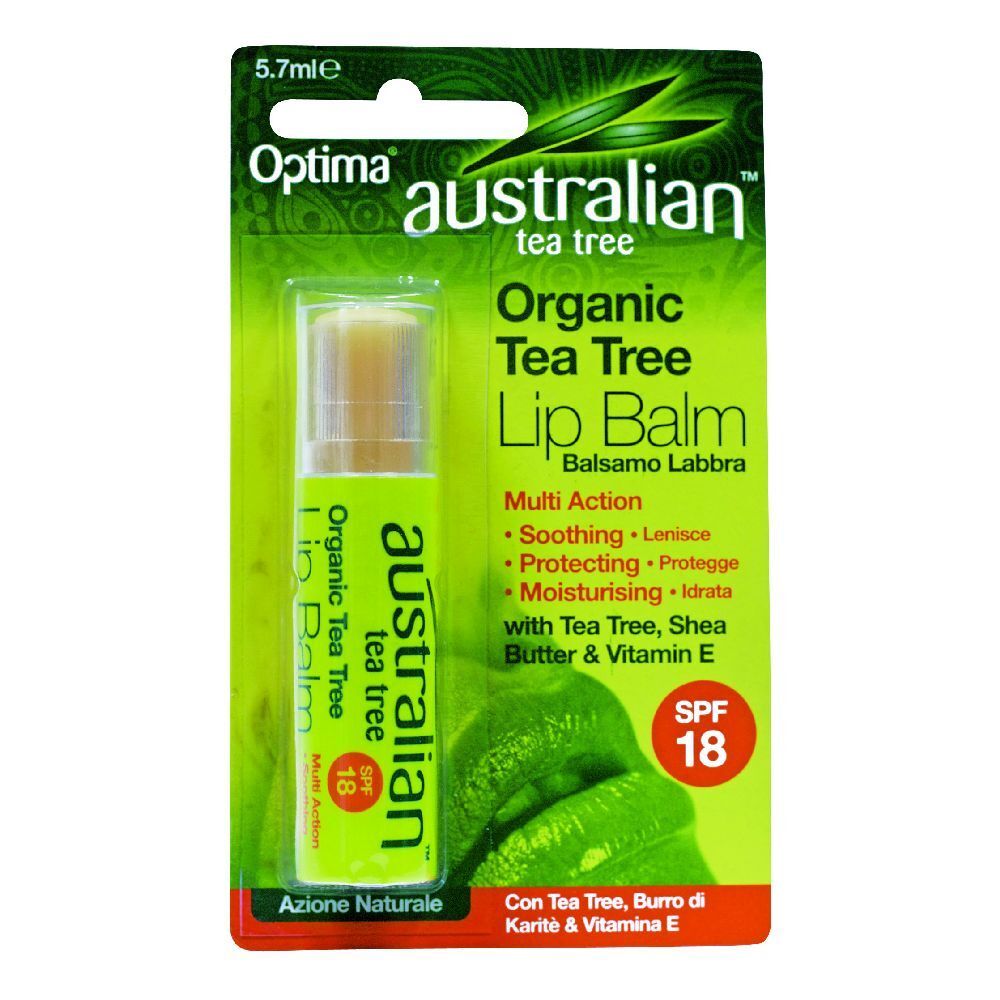 Optima Australian Balsamo labbra al tea tree in confezione. Visibile: balsamo, confezione verde, scritta 'Australian Tea Tree', SPF 18.
