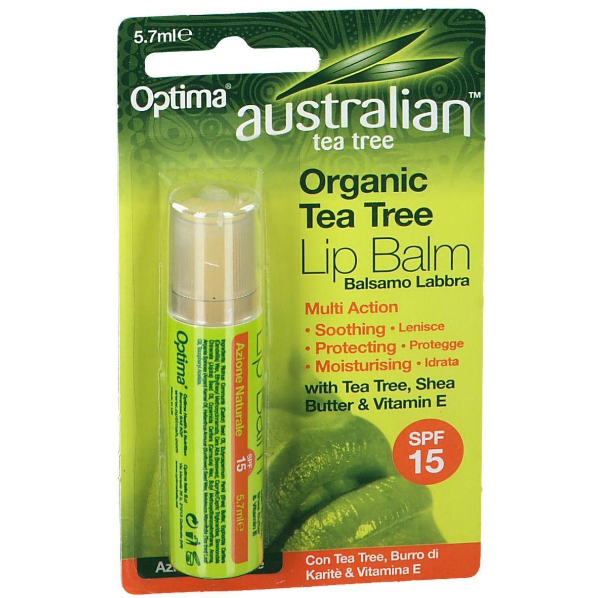 Optima Australian Balsamo labbra al tea tree in confezione. Visibile: balsamo, confezione verde, scritta 'Australian Tea Tree', SPF 15.