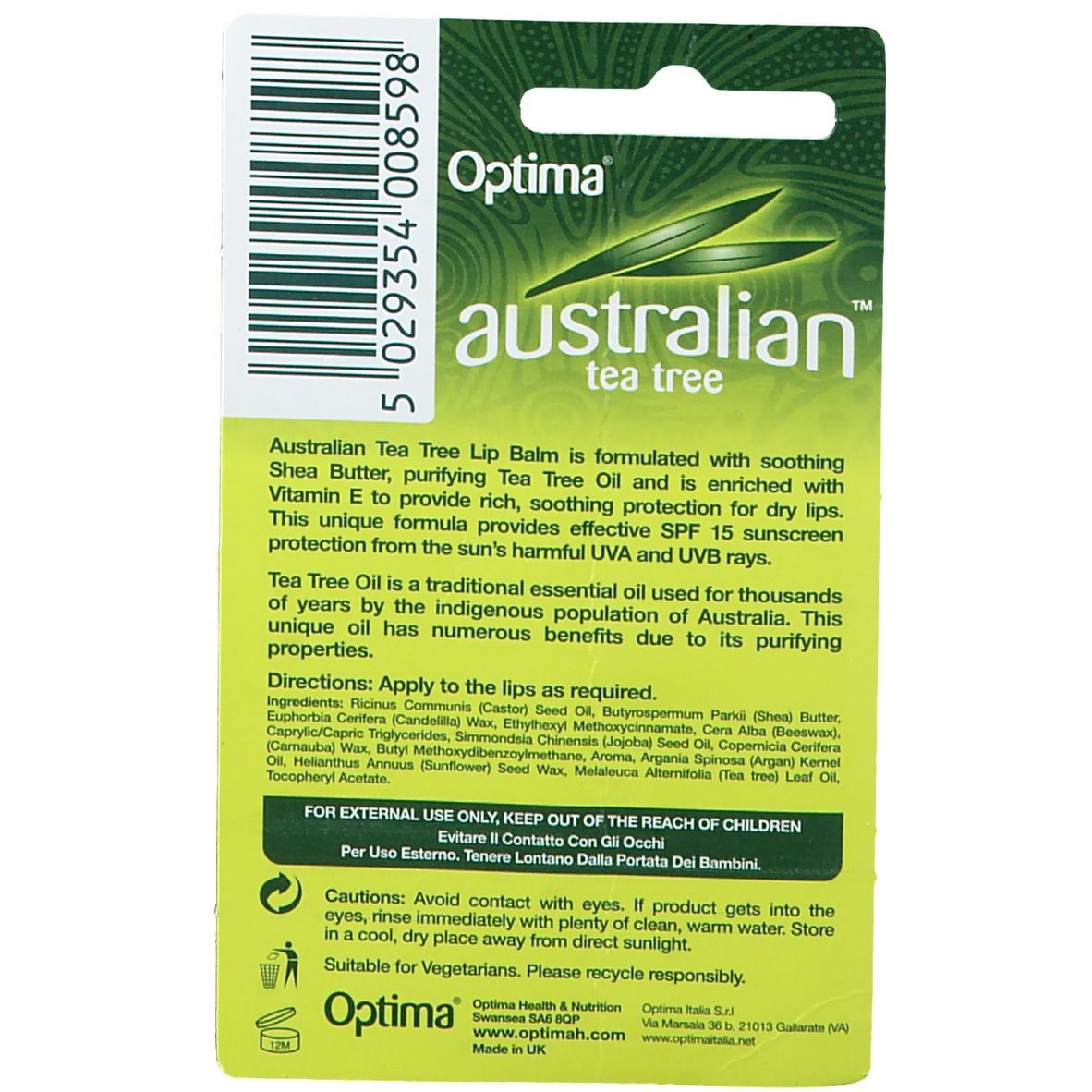 Retro della confezione del balsamo labbra Optima Australian. Testo: ingredienti, istruzioni per l'uso, informazioni del produttore.