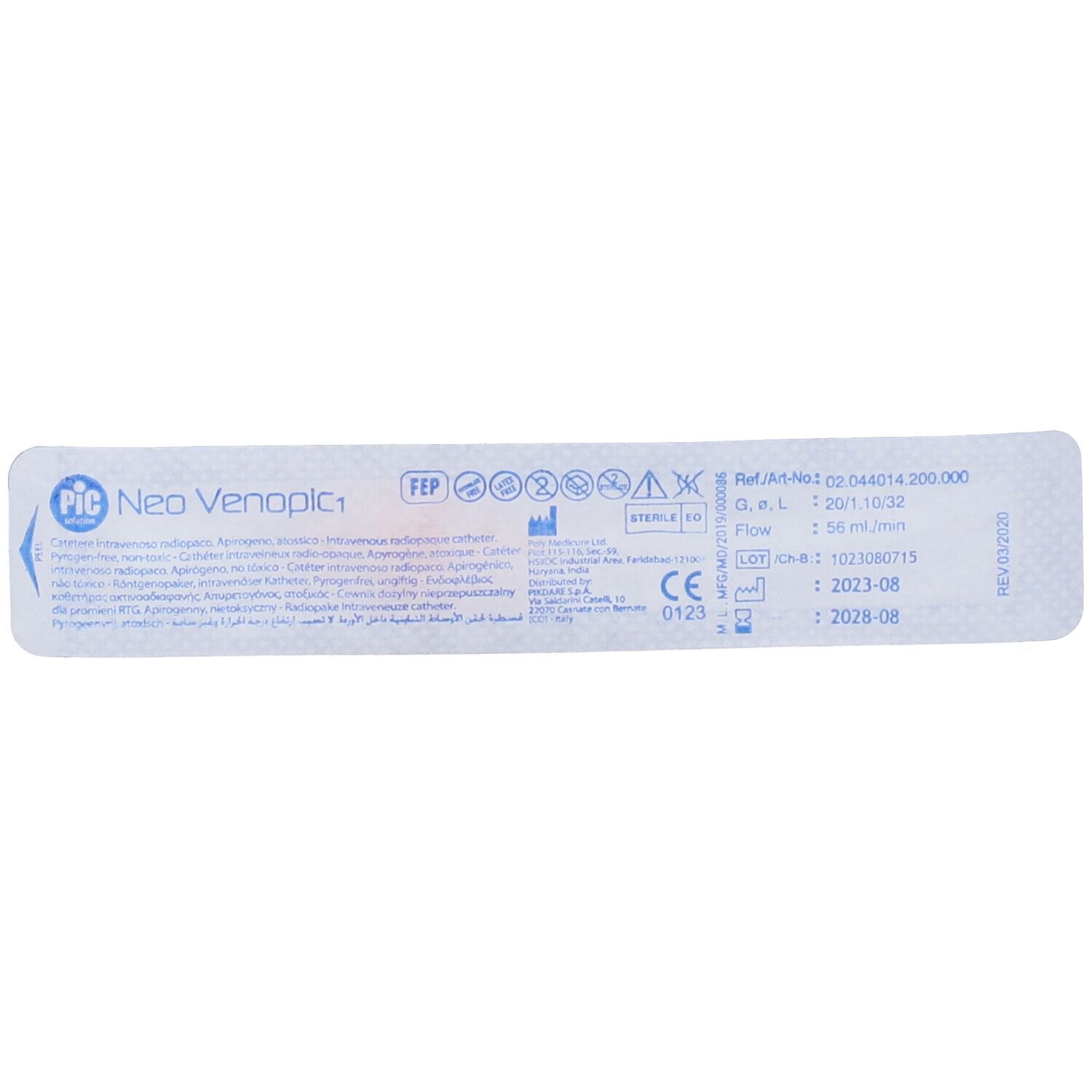 Confezione blister con informazioni sul prodotto. PIC Neo Venopic 1. Marcatura sterile. Marchio CE.