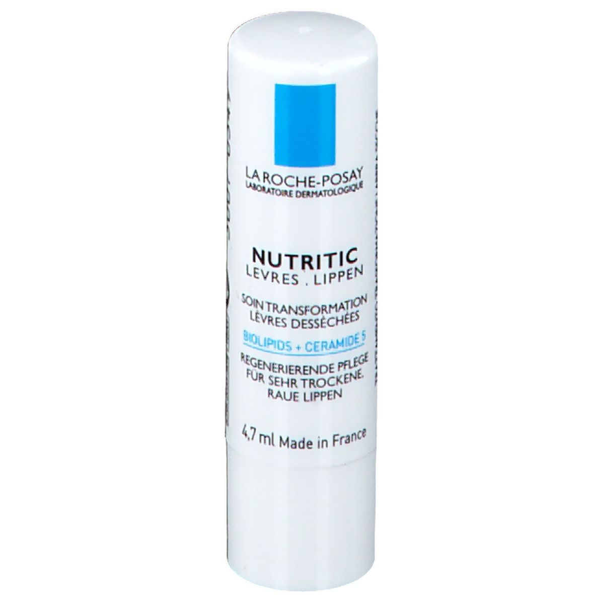 Stick labbra bianco con quadrato blu. Scritta: La Roche-Posay, Nutritic Levres, Biolipids + Ceramide 5, 4,7 ml.