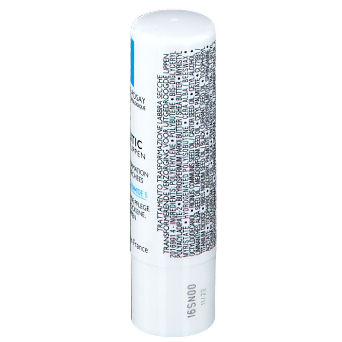 Stick labbra bianco con quadrato blu. Scritta: La Roche-Posay, Nutritic Levres, Biolipids + Ceramide 5, 4,7 ml.