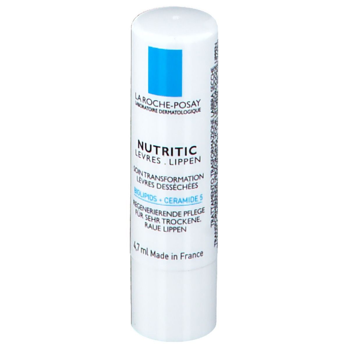 Stick labbra bianco con quadrato blu. Scritta: La Roche-Posay, Nutritic Levres, Biolipids + Ceramide 5, 4,7 ml.