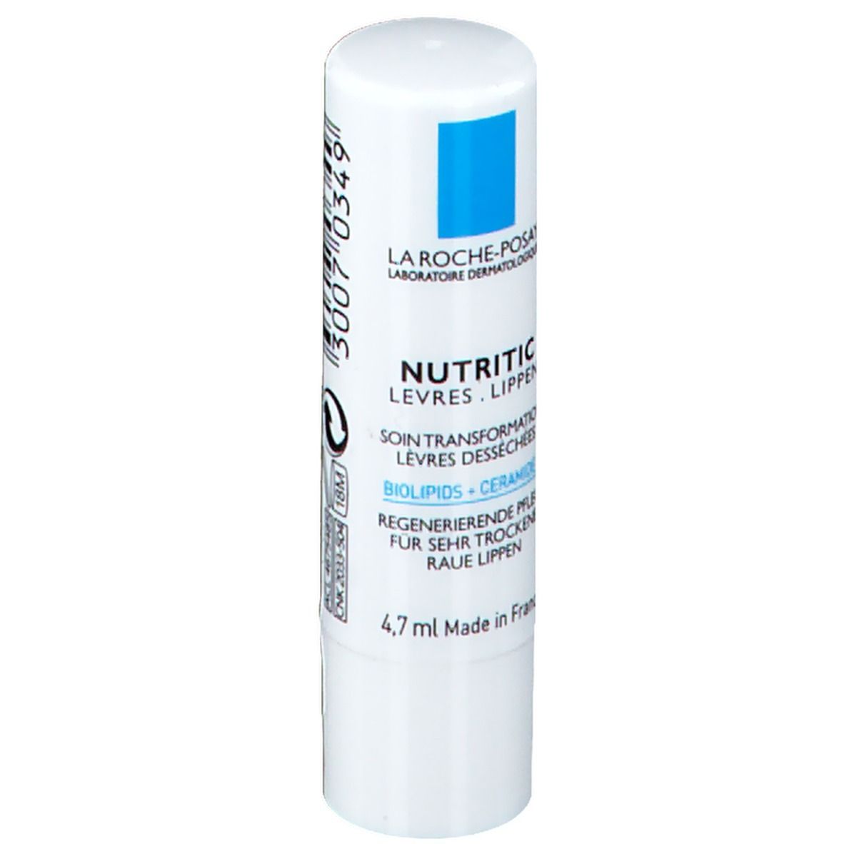 Stick labbra bianco con quadrato blu. Scritta: La Roche-Posay, Nutritic Levres, Biolipids + Ceramide 5, 4,7 ml.