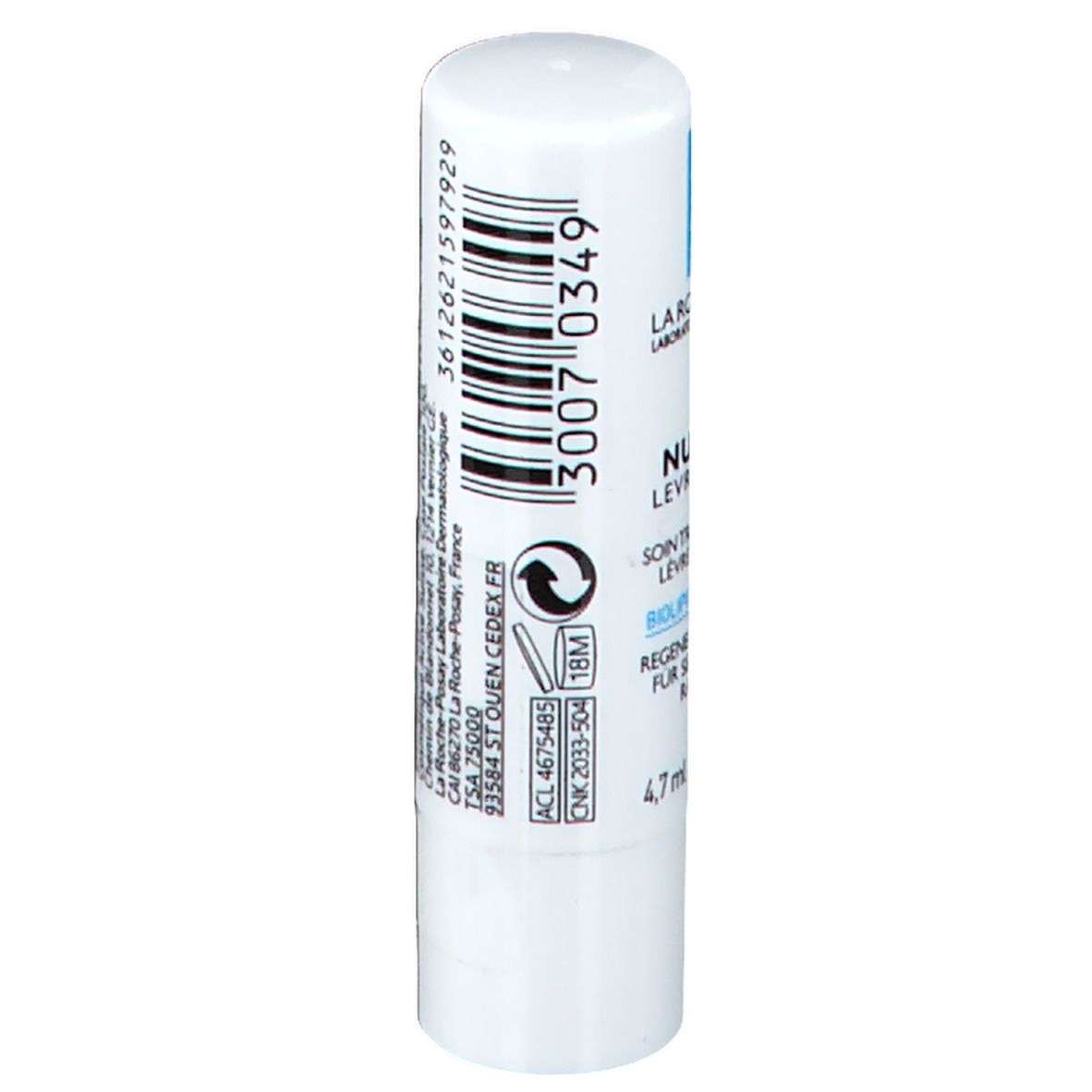 Stick labbra bianco con quadrato blu. Scritta: La Roche-Posay, Nutritic Levres, Biolipids + Ceramide 5, 4,7 ml.