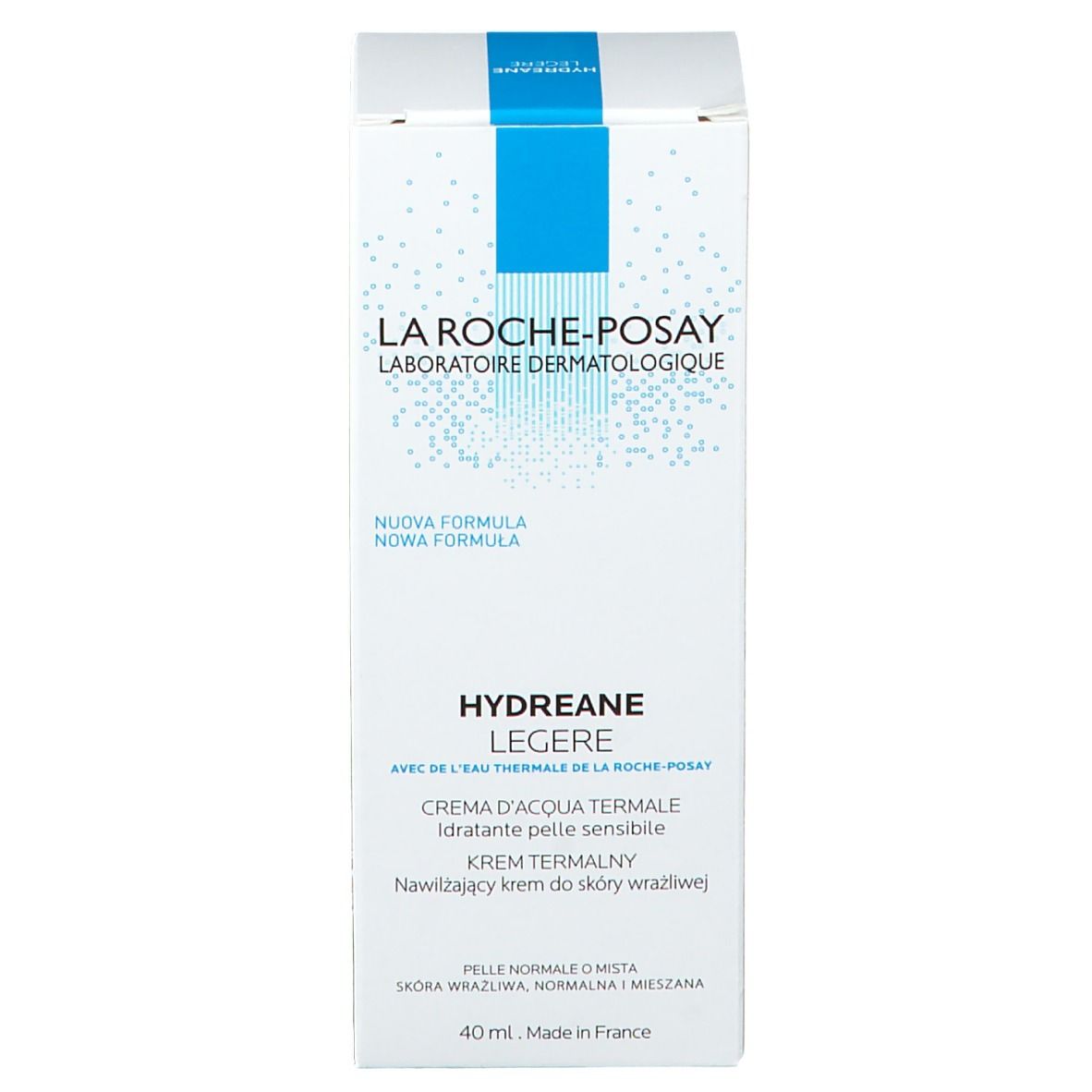 Emballage du produit. Inscription: La Roche-Posay, Hydreane Legere, Crème d'Eau Thermale. 40 ml.