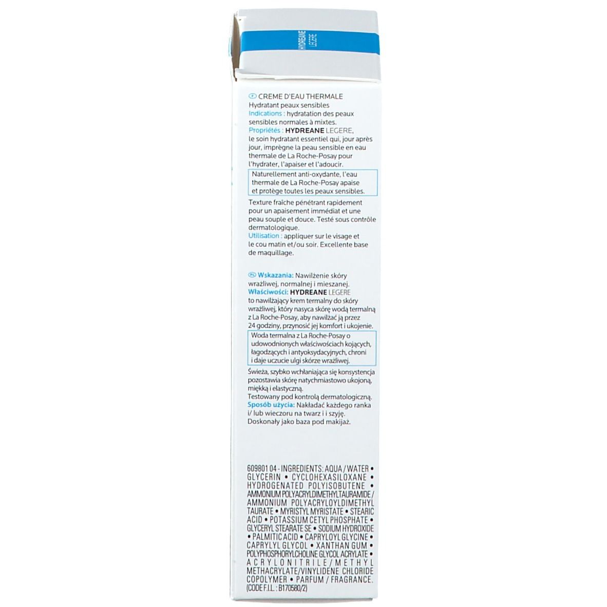 Dos de l'emballage du produit. Texte multilingue. Ingrédients et instructions d'utilisation.