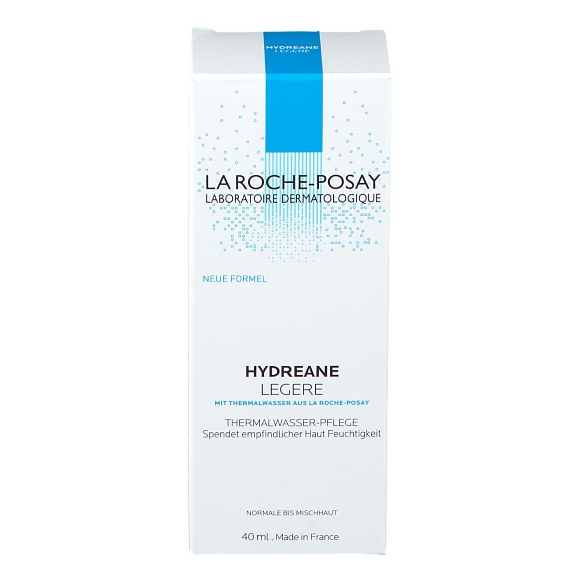 Emballage du produit. Inscription: La Roche-Posay, Hydreane Legere, Crème d'Eau Thermale. 40 ml. Nouvelle formule.