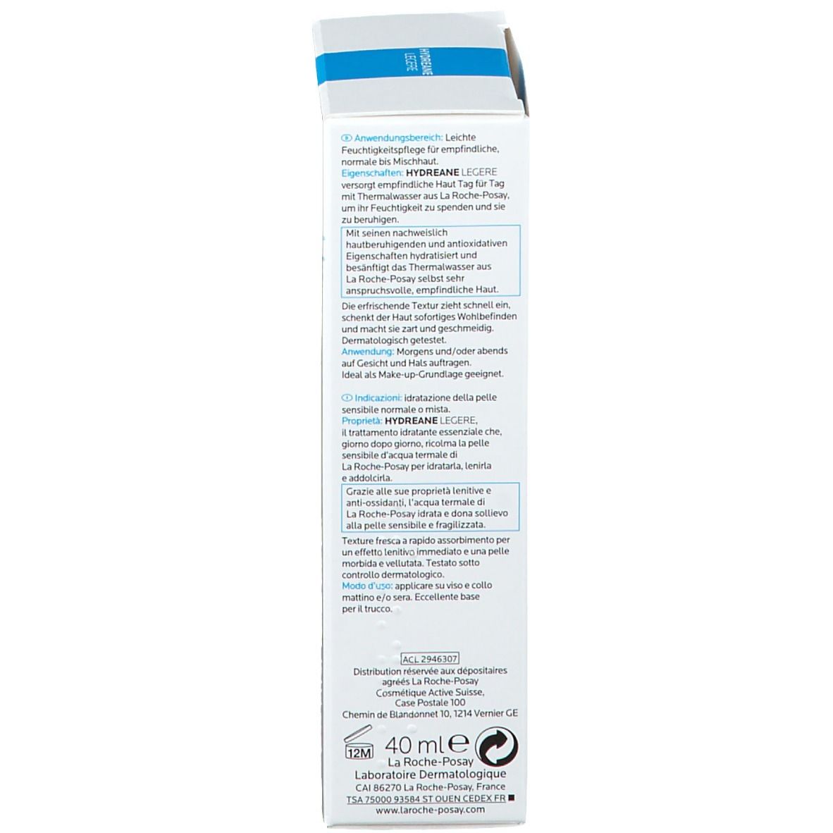 Dos de l'emballage du produit. Texte multilingue. Instructions d'utilisation et ingrédients.