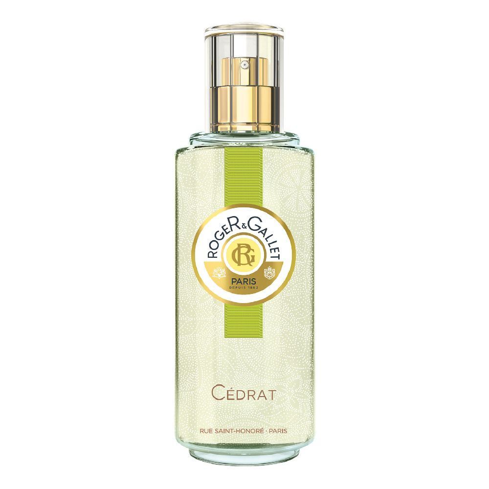 Flacone con vaporizzatore dorato. Striscia verde e logo. Testo: Cédrat, Roger & Gallet.