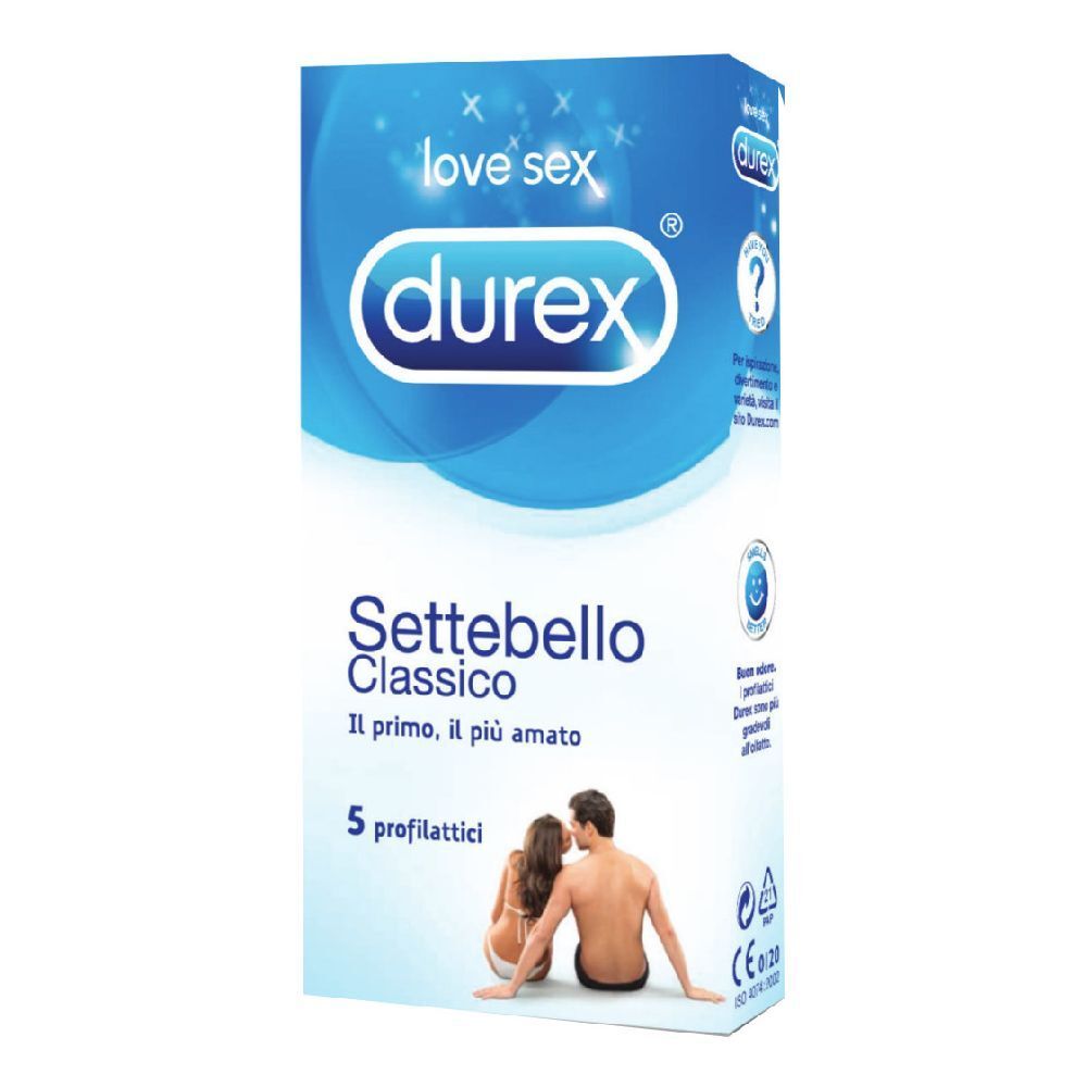 Confezione Durex Settebello Classico. Contiene 5 profilattici. Marchio e nome del prodotto visibili.