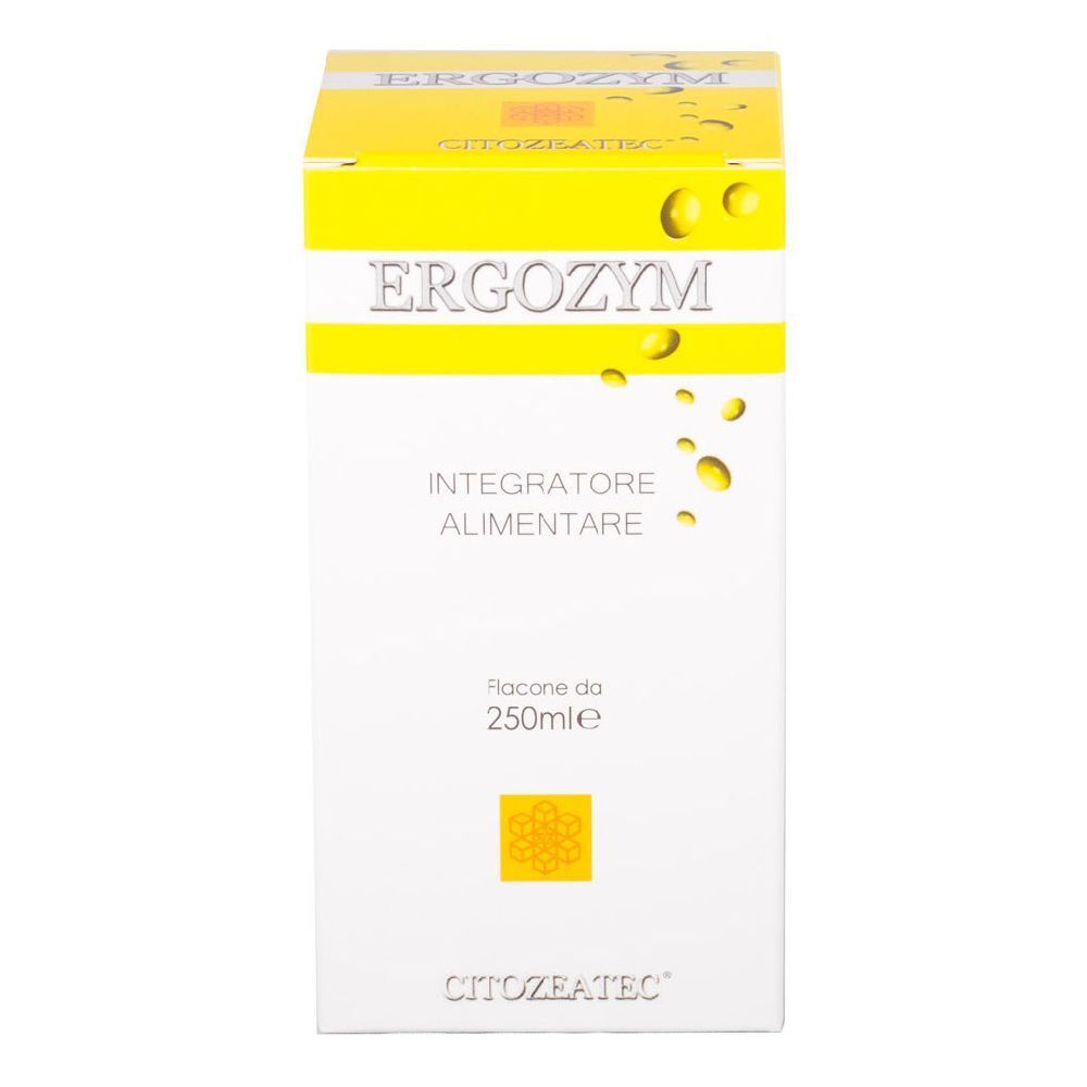 Scatola gialla con nome del prodotto e testo. Visibili anche "Integratore Alimentare" e "Flacone da 250ml".