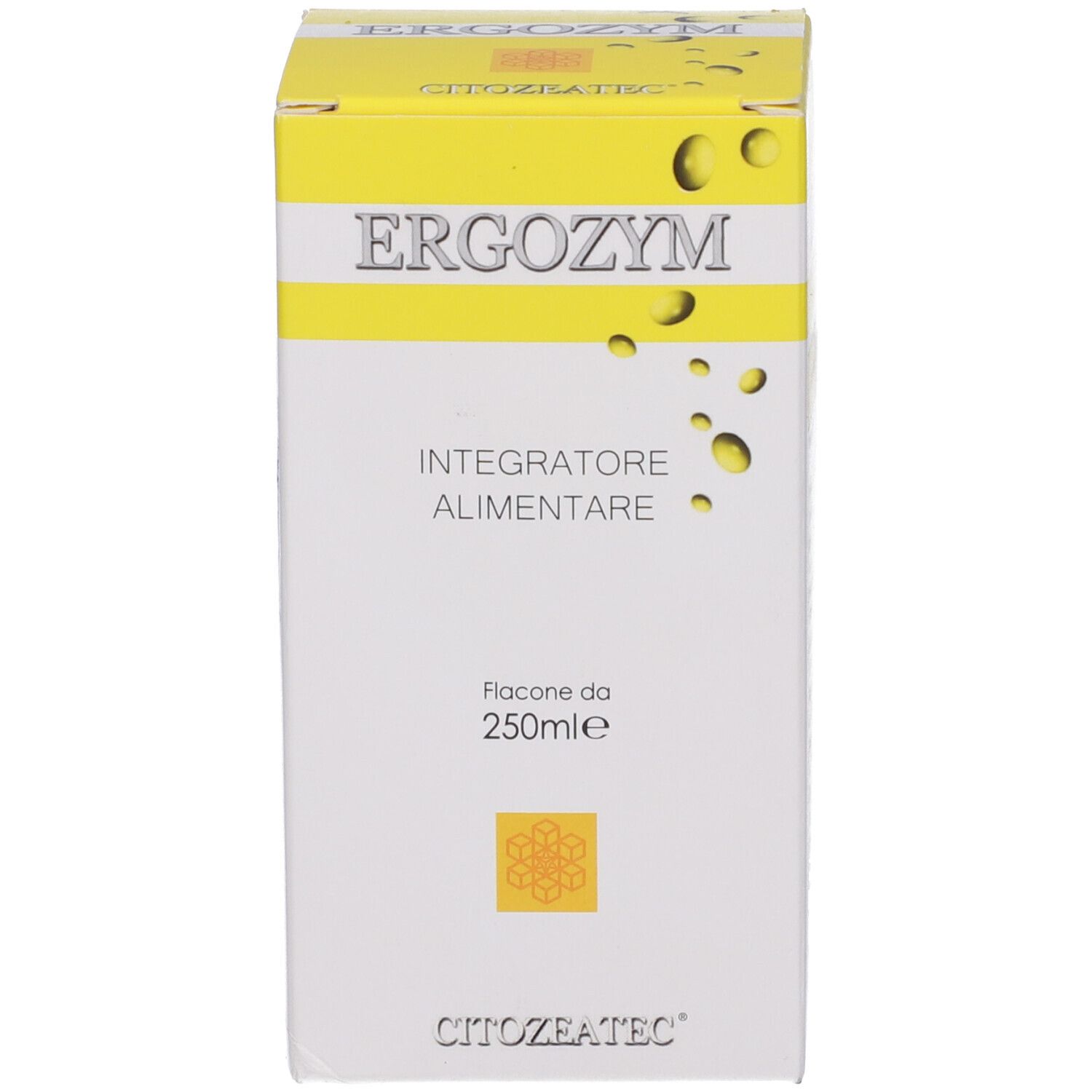 Scatola gialla con nome del prodotto e testo. Visibili anche "Integratore Alimentare" e "Flacone da 250ml".