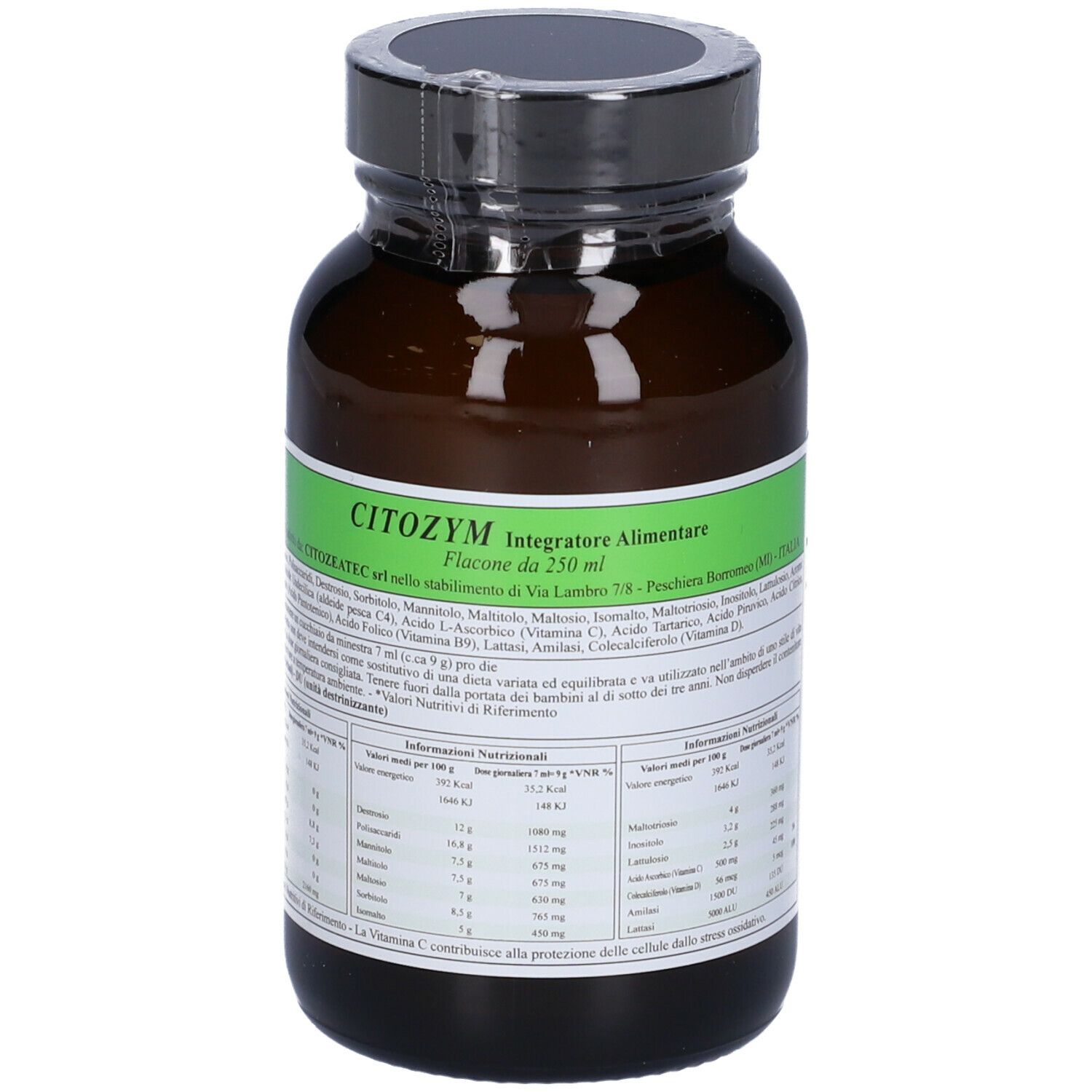 Flacone di vetro marrone con tappo nero. L'etichetta riporta "Citozym Integratore Alimentare".