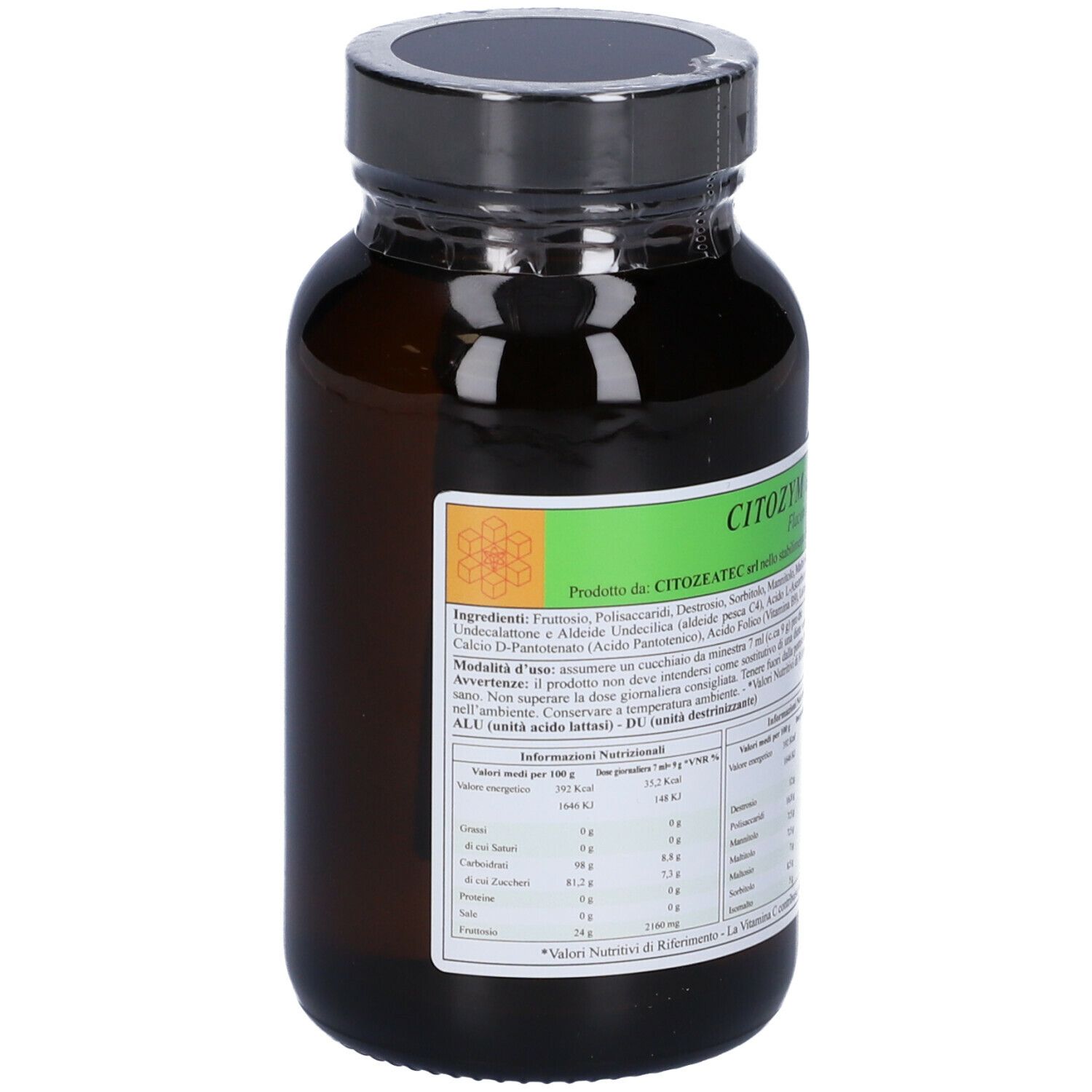 Flacone di vetro marrone con tappo nero. L'etichetta riporta "Citozym Integratore Alimentare".