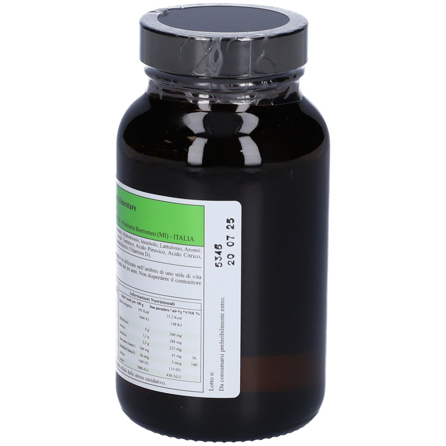 Flacone di vetro marrone con tappo nero. L'etichetta riporta "Citozym Integratore Alimentare".